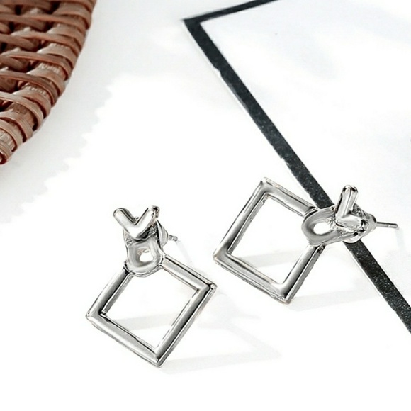 Silver Tone Square Geometric Jacket Stud Earrings - Picture 4 of 7